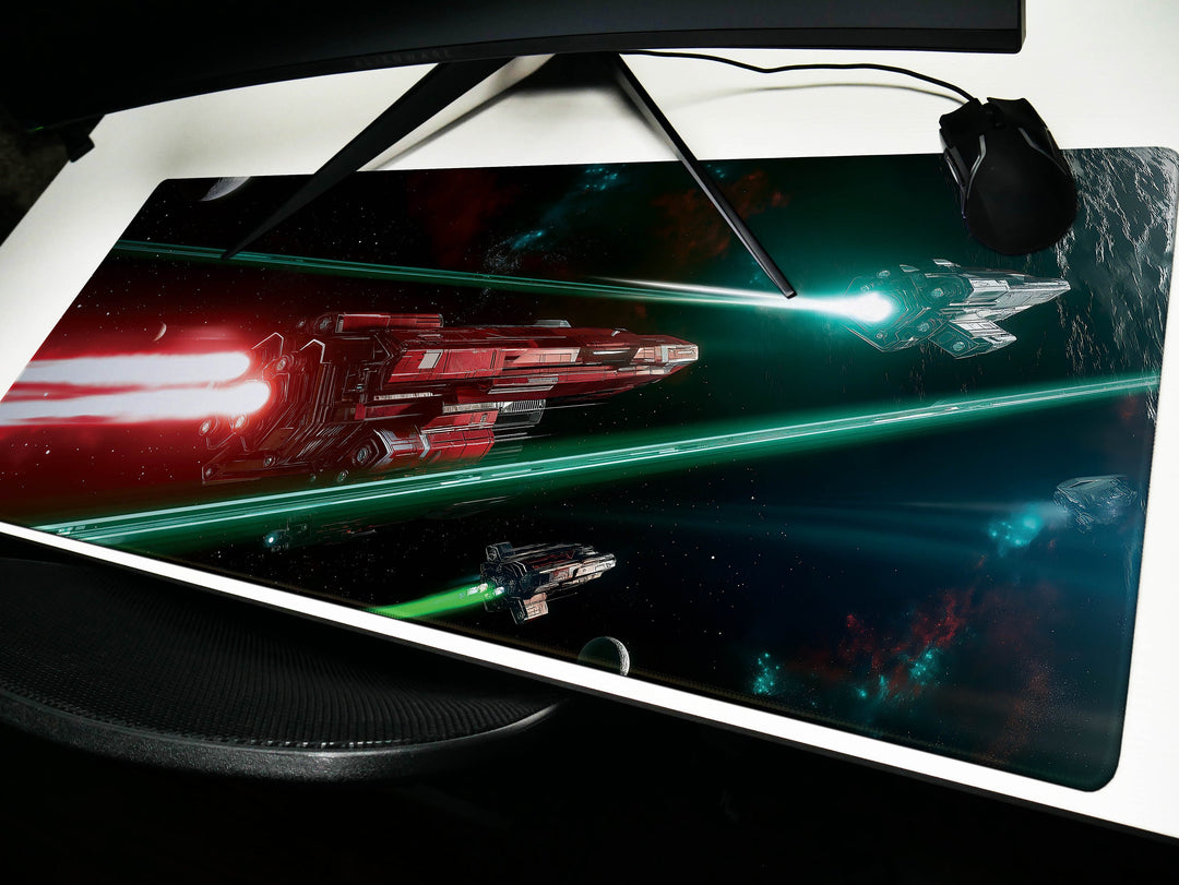 Space Battle Cruiser, Desk Pad, Mouse Pad, Desk Mat, Epic Sci-Fi Combat, Red and Green Laser Beams, Futuristic Spaceships