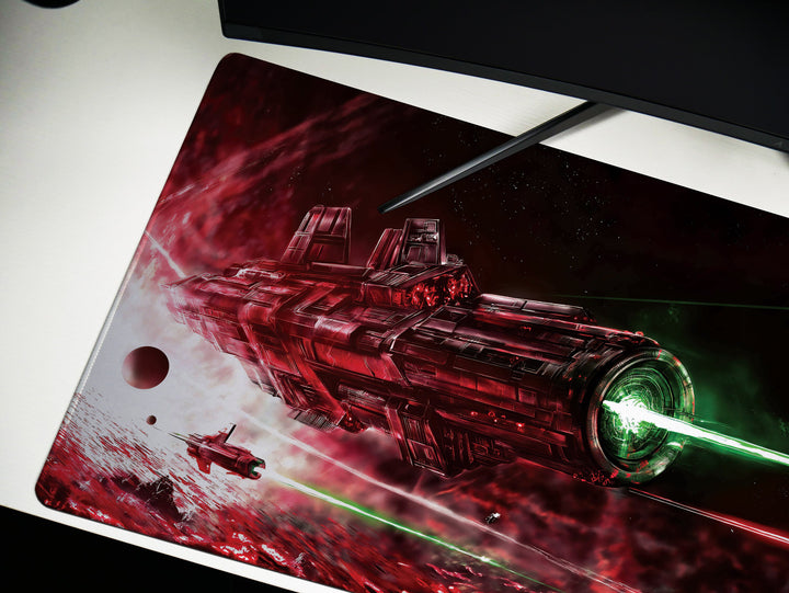 Intergalactic Showdown, Desk Pad, Mouse Pad, Desk Mat, Intense Space Battle, Red and Green Lasers, Futuristic Warship