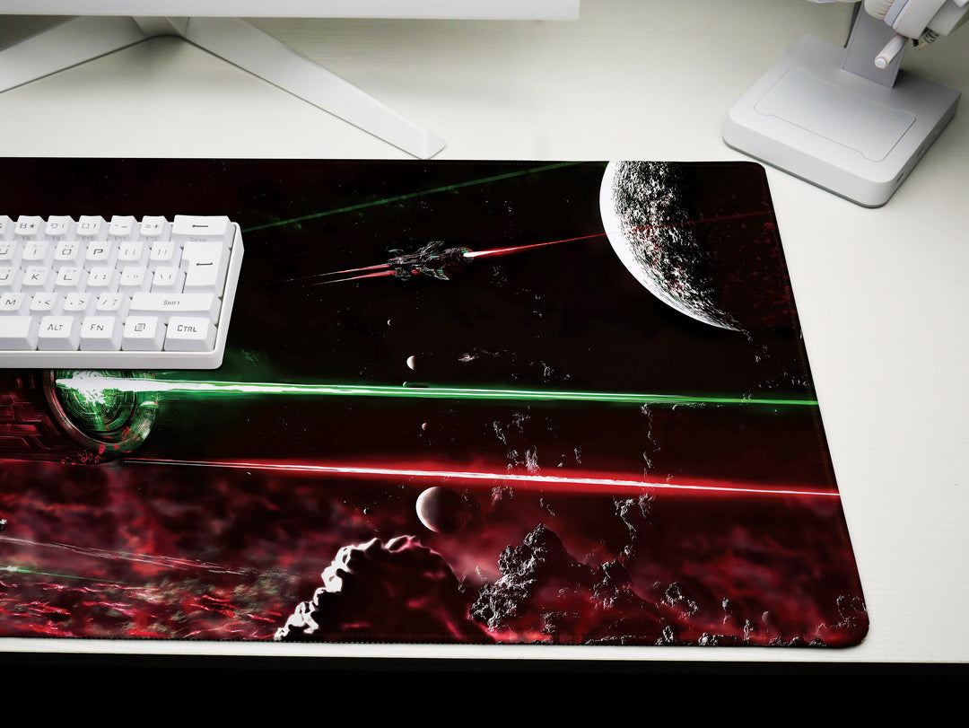 Intergalactic Showdown, Desk Pad, Mouse Pad, Desk Mat, Intense Space Battle, Red and Green Lasers, Futuristic Warship