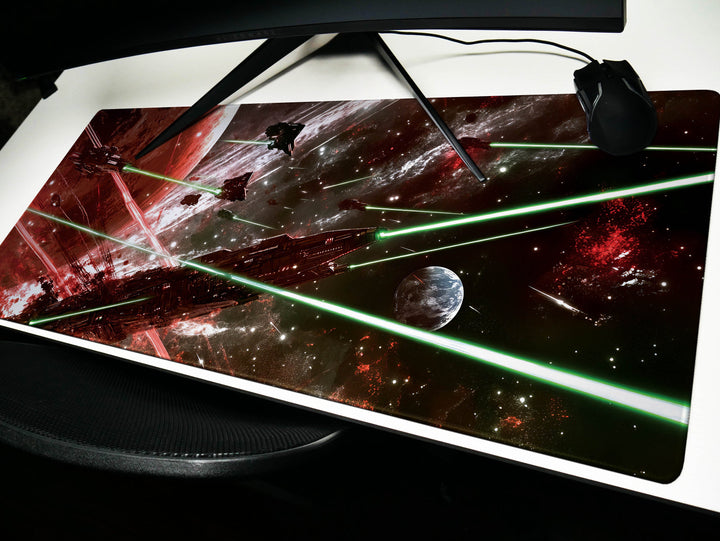 Galactic Conflict, Desk Pad, Mouse Pad, Desk Mat, Intense Space Warfare, Red and Green Laser Battle, Epic Starships