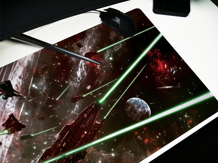 Galactic Conflict, Desk Pad, Mouse Pad, Desk Mat, Intense Space Warfare, Red and Green Laser Battle, Epic Starships