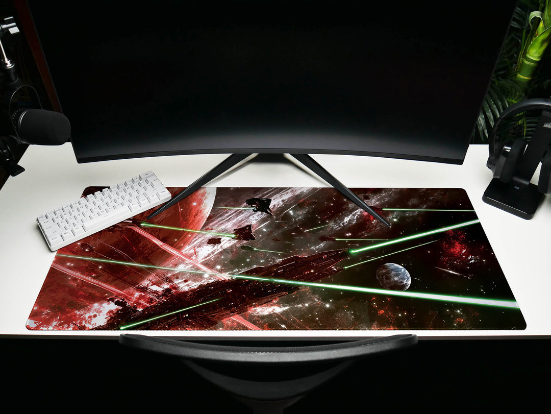 Galactic Conflict, Desk Pad, Mouse Pad, Desk Mat, Intense Space Warfare, Red and Green Laser Battle, Epic Starships