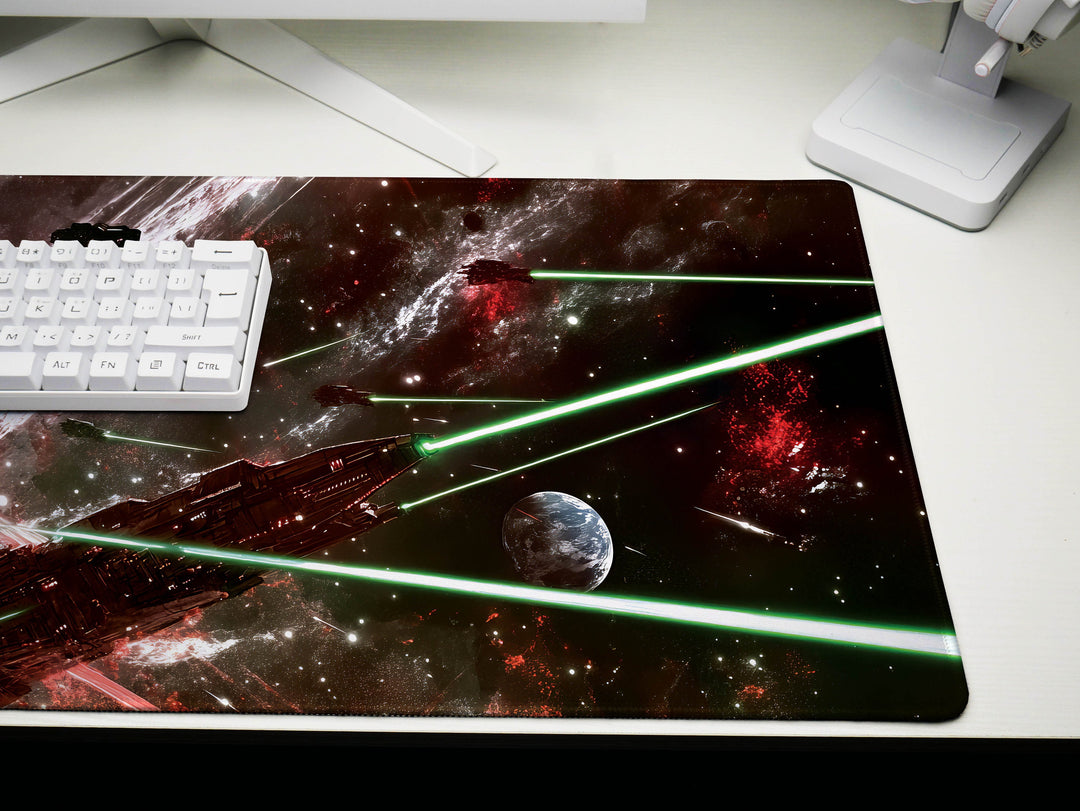 Galactic Conflict, Desk Pad, Mouse Pad, Desk Mat, Intense Space Warfare, Red and Green Laser Battle, Epic Starships