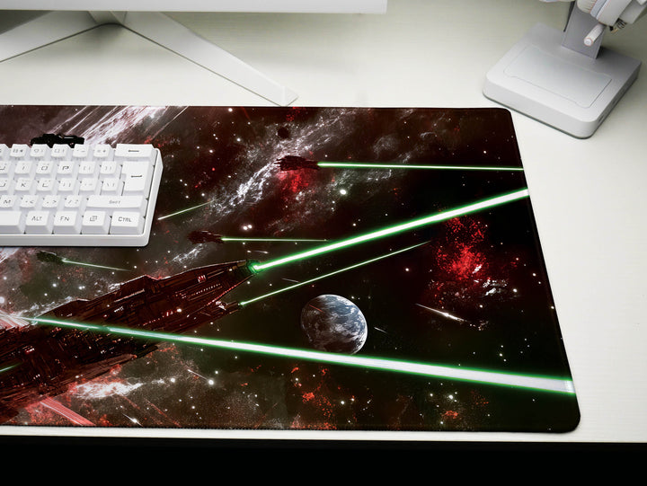 Galactic Conflict, Desk Pad, Mouse Pad, Desk Mat, Intense Space Warfare, Red and Green Laser Battle, Epic Starships