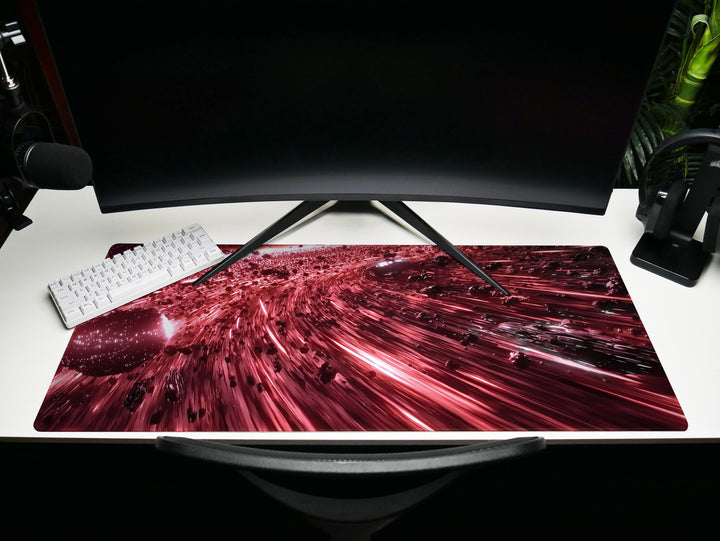 Asteroid Field Chase, Desk Pad, Mouse Pad, Desk Mat, High-Speed Space Pursuit, Red and Black Cosmic Scene, Sci-Fi Art
