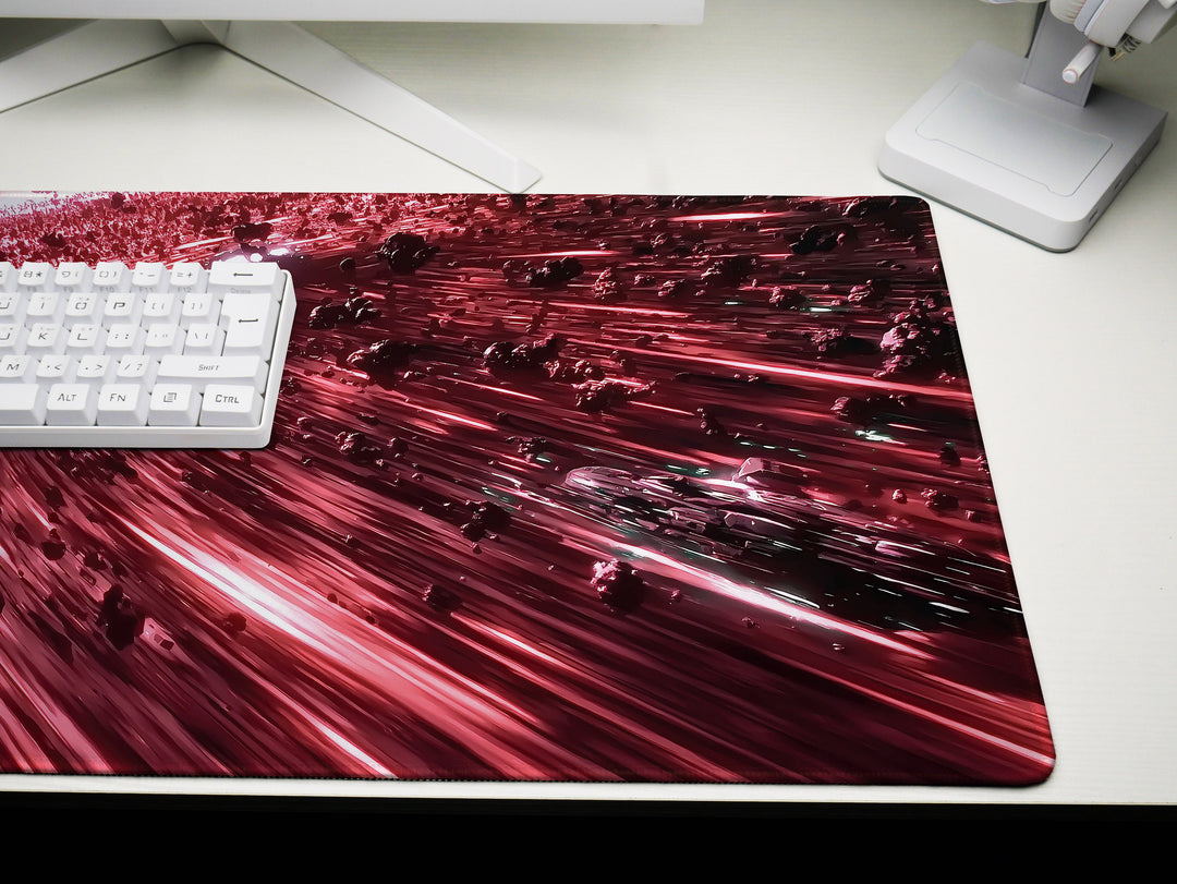 Asteroid Field Chase, Desk Pad, Mouse Pad, Desk Mat, High-Speed Space Pursuit, Red and Black Cosmic Scene, Sci-Fi Art