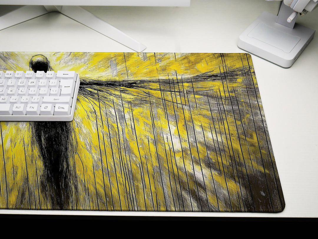 Ascendant Form, Desk Pad, Mouse Pad, Desk Mat, Abstract Figure, Neon Yellow and Black Art, Expansive Wings