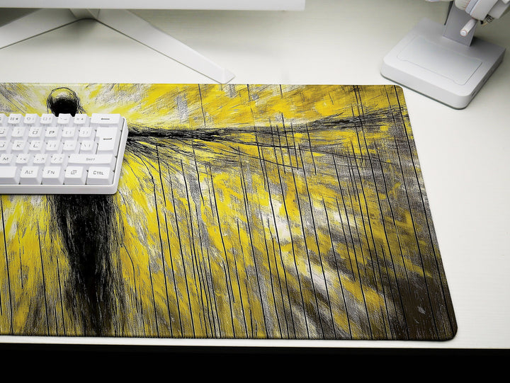 Ascendant Form, Desk Pad, Mouse Pad, Desk Mat, Abstract Figure, Neon Yellow and Black Art, Expansive Wings