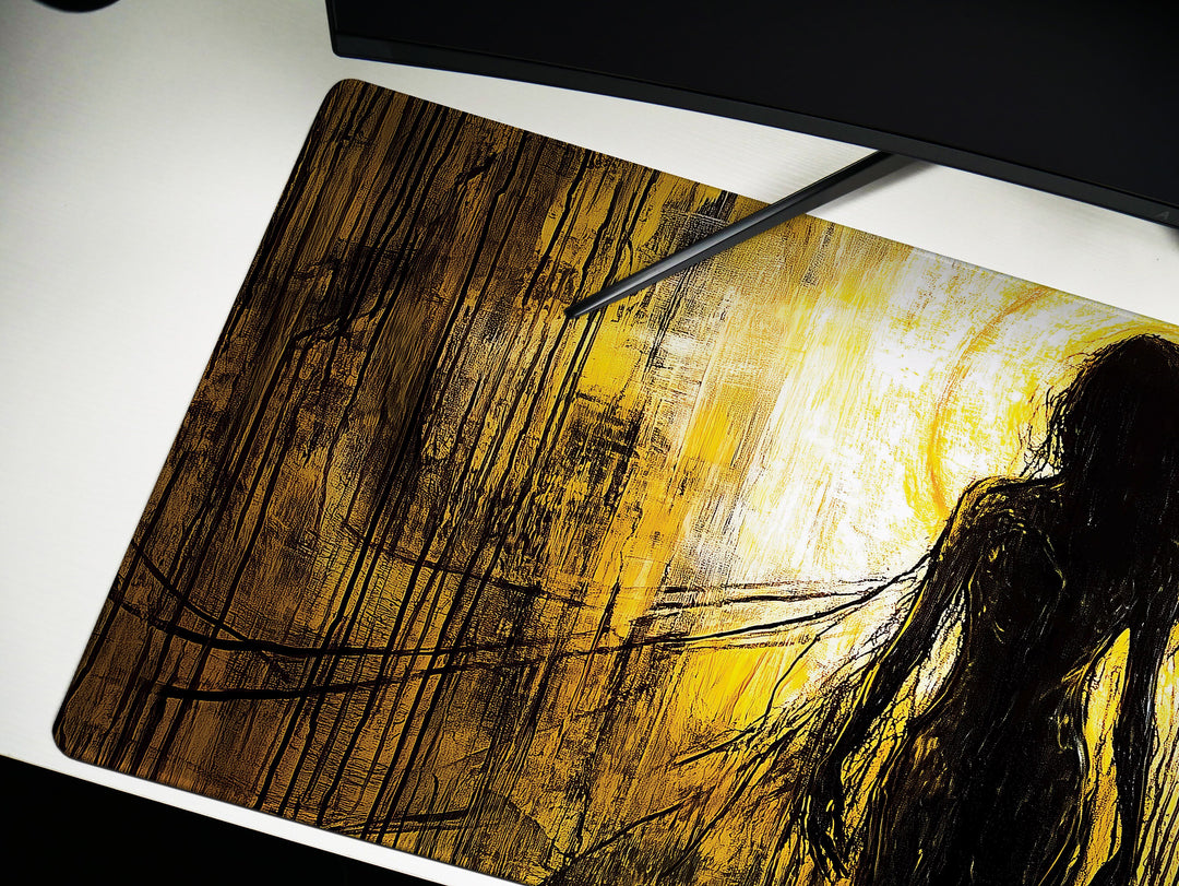 Veil of Shadows, Desk Pad, Mouse Pad, Desk Mat, Haunting Female Silhouette, Creepy Art, Neon Yellow and Black