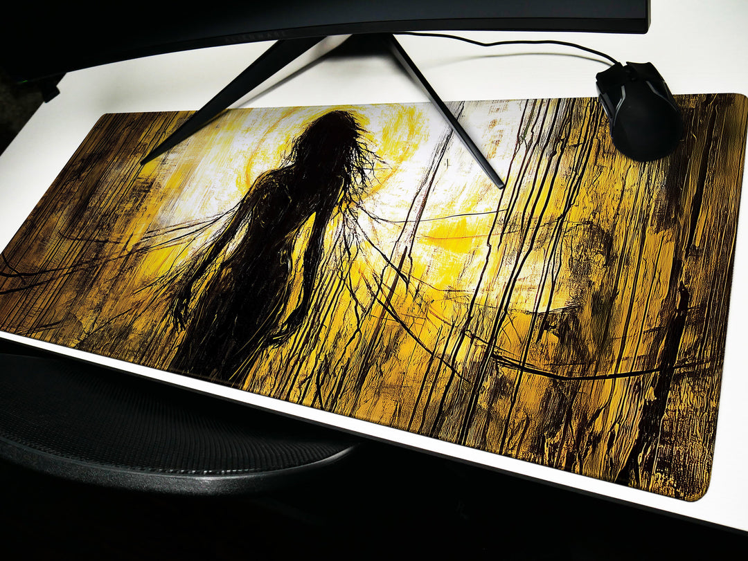 Veil of Shadows, Desk Pad, Mouse Pad, Desk Mat, Haunting Female Silhouette, Creepy Art, Neon Yellow and Black