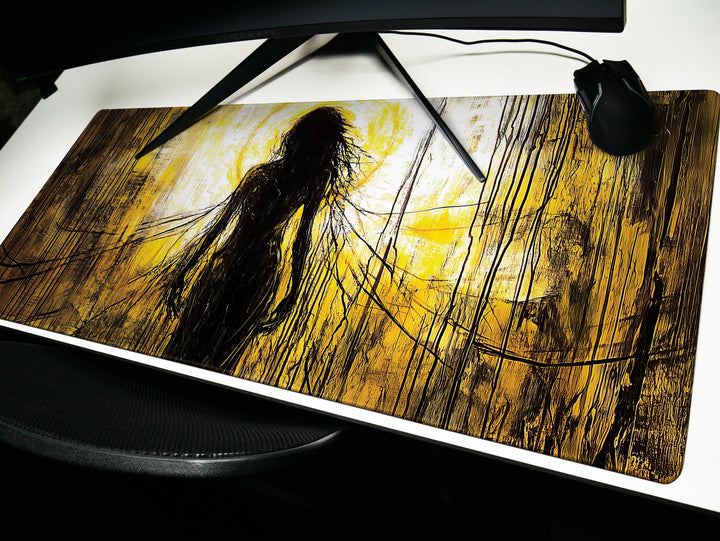 Veil of Shadows, Desk Pad, Mouse Pad, Desk Mat, Haunting Female Silhouette, Creepy Art, Neon Yellow and Black