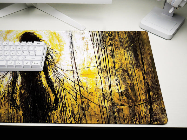 Veil of Shadows, Desk Pad, Mouse Pad, Desk Mat, Haunting Female Silhouette, Creepy Art, Neon Yellow and Black