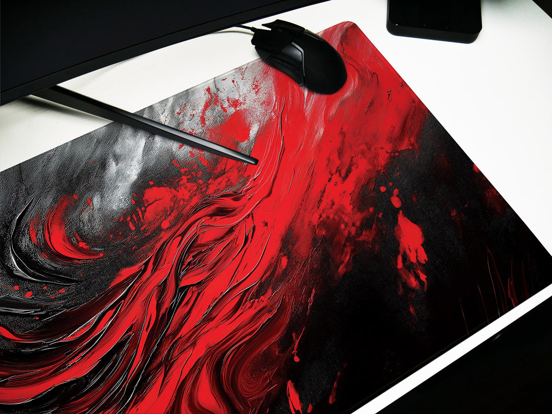 Crimson Vortex, Desk Pad, Mouse Pad, Desk Mat, Abstract Red Swirl, Dynamic Energy, Artistic Office Accessory