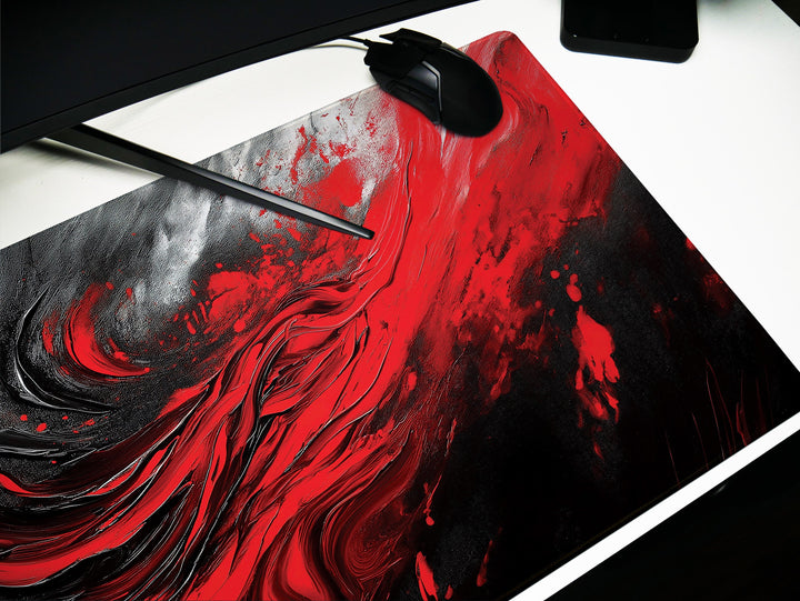 Crimson Vortex, Desk Pad, Mouse Pad, Desk Mat, Abstract Red Swirl, Dynamic Energy, Artistic Office Accessory