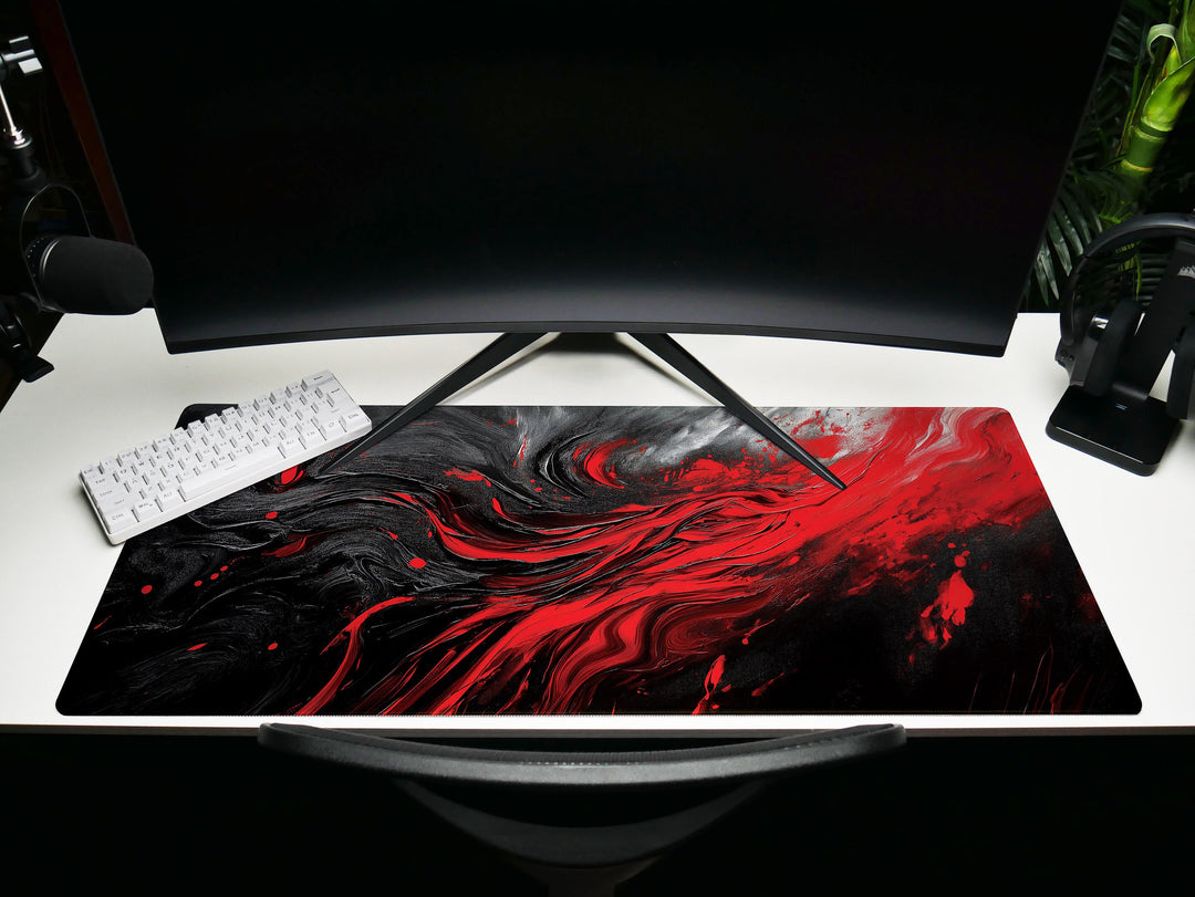 Crimson Vortex, Desk Pad, Mouse Pad, Desk Mat, Abstract Red Swirl, Dynamic Energy, Artistic Office Accessory