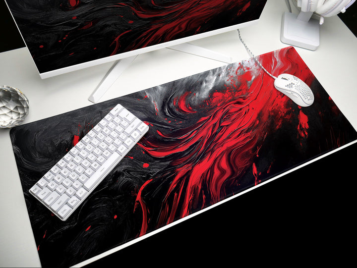 Crimson Vortex, Desk Pad, Mouse Pad, Desk Mat, Abstract Red Swirl, Dynamic Energy, Artistic Office Accessory
