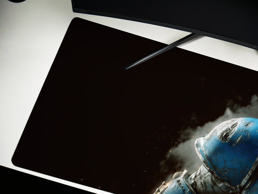 Armored Sentinel, Desk Pad, Mouse Pad, Desk Mat, Space Marine, Intense Blue Armor, Red-Eyed Warrior, Sci-Fi Hero, Gaming Setup