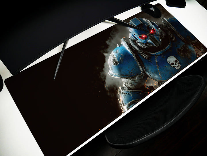 Armored Sentinel, Desk Pad, Mouse Pad, Desk Mat, Space Marine, Intense Blue Armor, Red-Eyed Warrior, Sci-Fi Hero, Gaming Setup