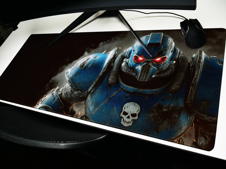 Armored Sentinel, Desk Pad, Mouse Pad, Desk Mat, Space Marine, Intense Blue Armor, Red-Eyed Warrior, Sci-Fi Hero, Gaming Setup