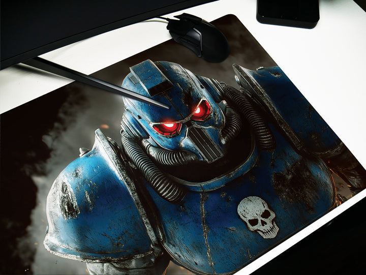 Armored Sentinel, Desk Pad, Mouse Pad, Desk Mat, Space Marine, Intense Blue Armor, Red-Eyed Warrior, Sci-Fi Hero, Gaming Setup
