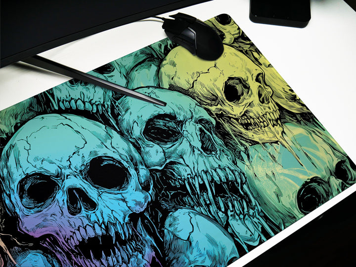 a mouse pad with a painting of skulls on it
