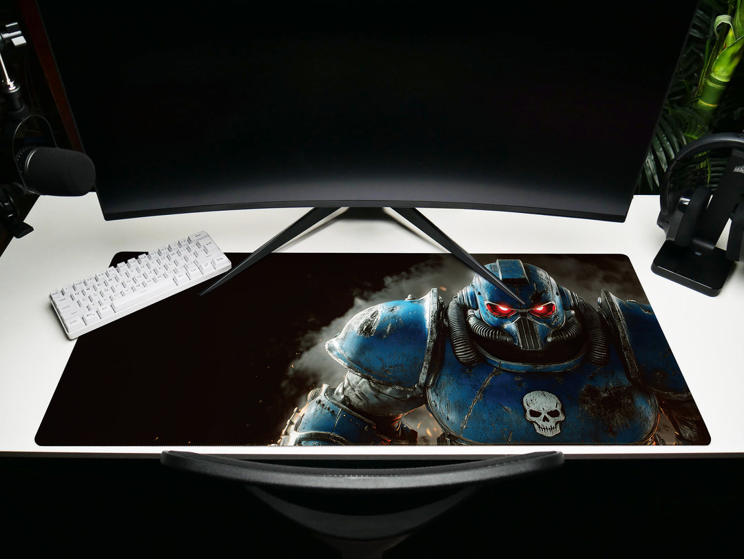 Armored Sentinel, Desk Pad, Mouse Pad, Desk Mat, Space Marine, Intense Blue Armor, Red-Eyed Warrior, Sci-Fi Hero, Gaming Setup
