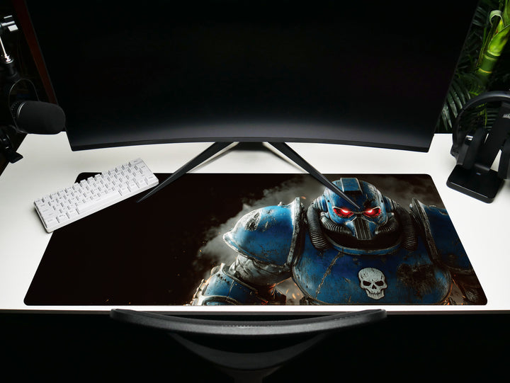 Armored Sentinel, Desk Pad, Mouse Pad, Desk Mat, Space Marine, Intense Blue Armor, Red-Eyed Warrior, Sci-Fi Hero, Gaming Setup