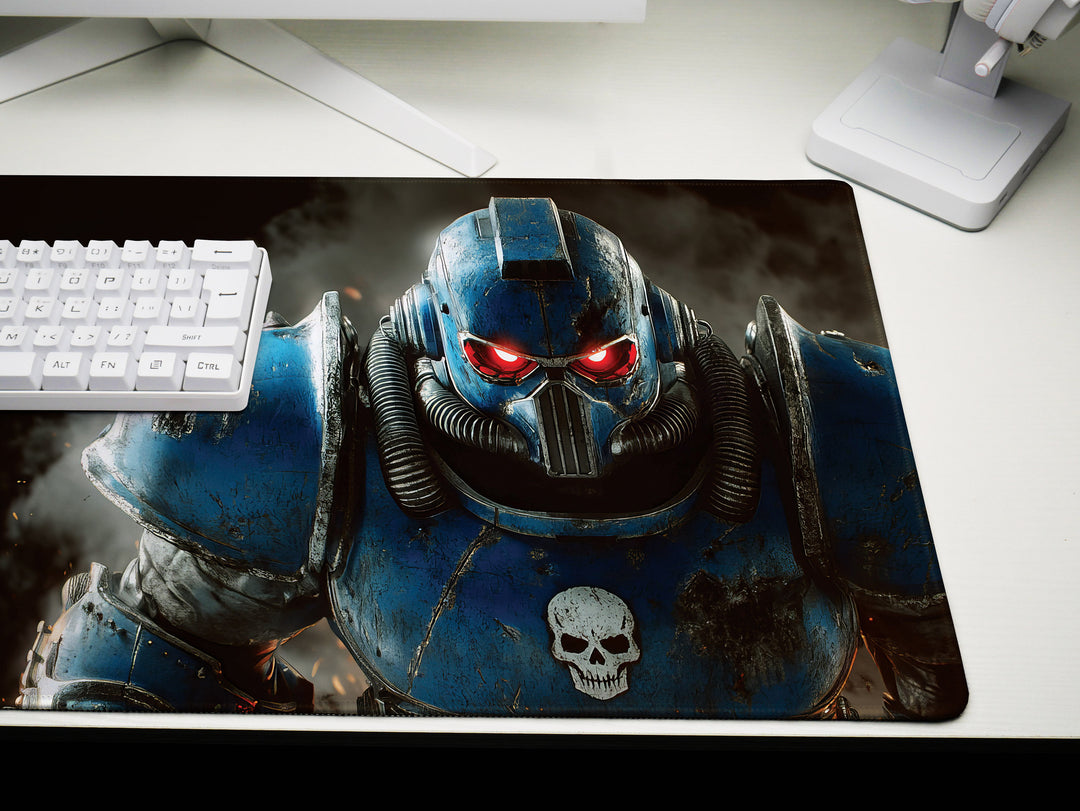 Armored Sentinel, Desk Pad, Mouse Pad, Desk Mat, Space Marine, Intense Blue Armor, Red-Eyed Warrior, Sci-Fi Hero, Gaming Setup