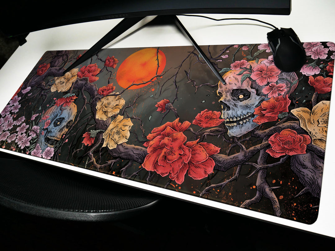 Bloom of Shadows, Desk Pad, Mouse Pad, Desk Mat, Floral Skull Art, Surreal Sunset, Nature and Decay Fusion, Artistic Office Decor