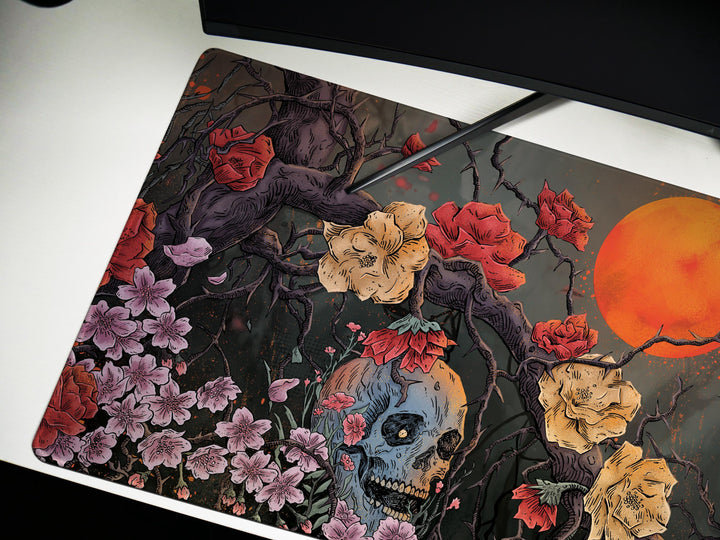 Bloom of Shadows, Desk Pad, Mouse Pad, Desk Mat, Floral Skull Art, Surreal Sunset, Nature and Decay Fusion, Artistic Office Decor