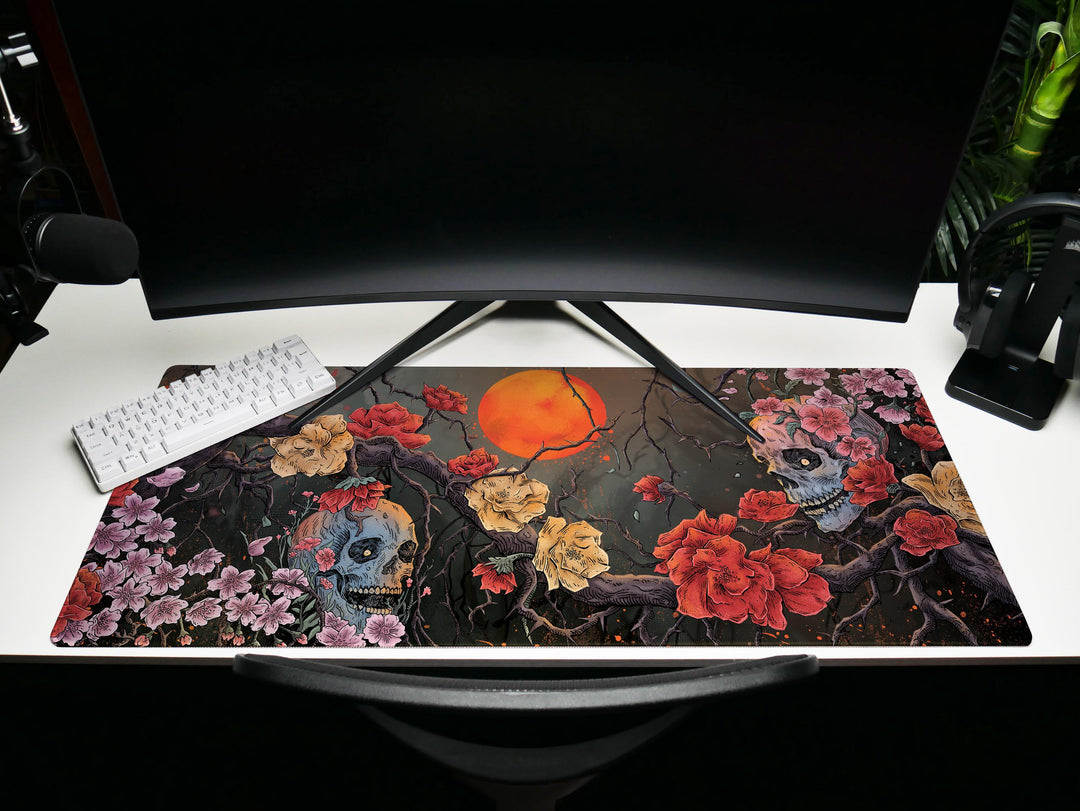 Bloom of Shadows, Desk Pad, Mouse Pad, Desk Mat, Floral Skull Art, Surreal Sunset, Nature and Decay Fusion, Artistic Office Decor
