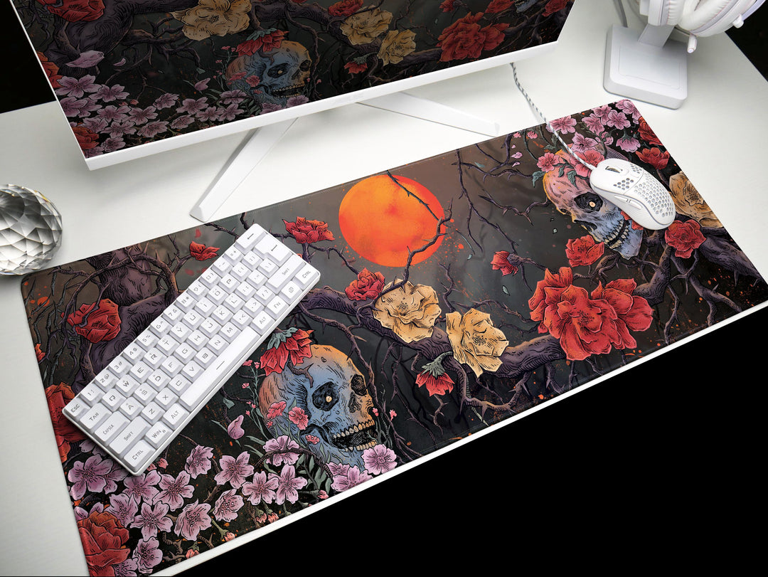 Bloom of Shadows, Desk Pad, Mouse Pad, Desk Mat, Floral Skull Art, Surreal Sunset, Nature and Decay Fusion, Artistic Office Decor
