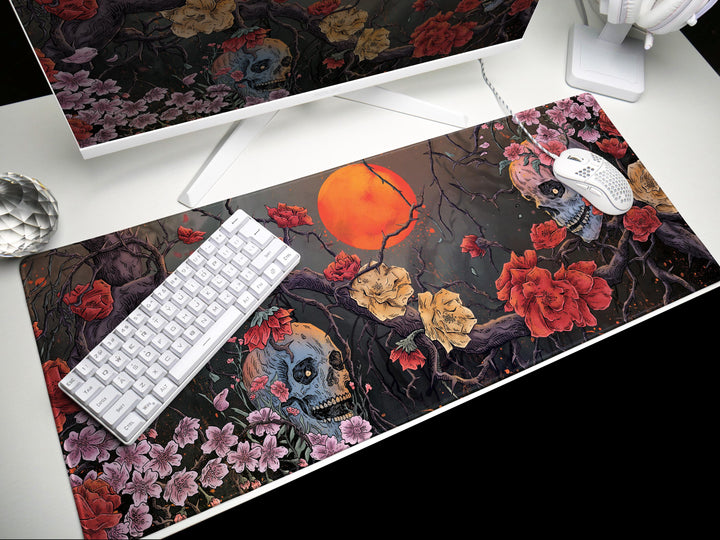 Bloom of Shadows, Desk Pad, Mouse Pad, Desk Mat, Floral Skull Art, Surreal Sunset, Nature and Decay Fusion, Artistic Office Decor