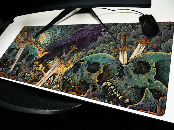Raven's Dominion, Desk Pad, Mouse Pad, Desk Mat, Haunting Art, Swords and Skulls, Mystical Moonlight, Dark Fantasy Decor