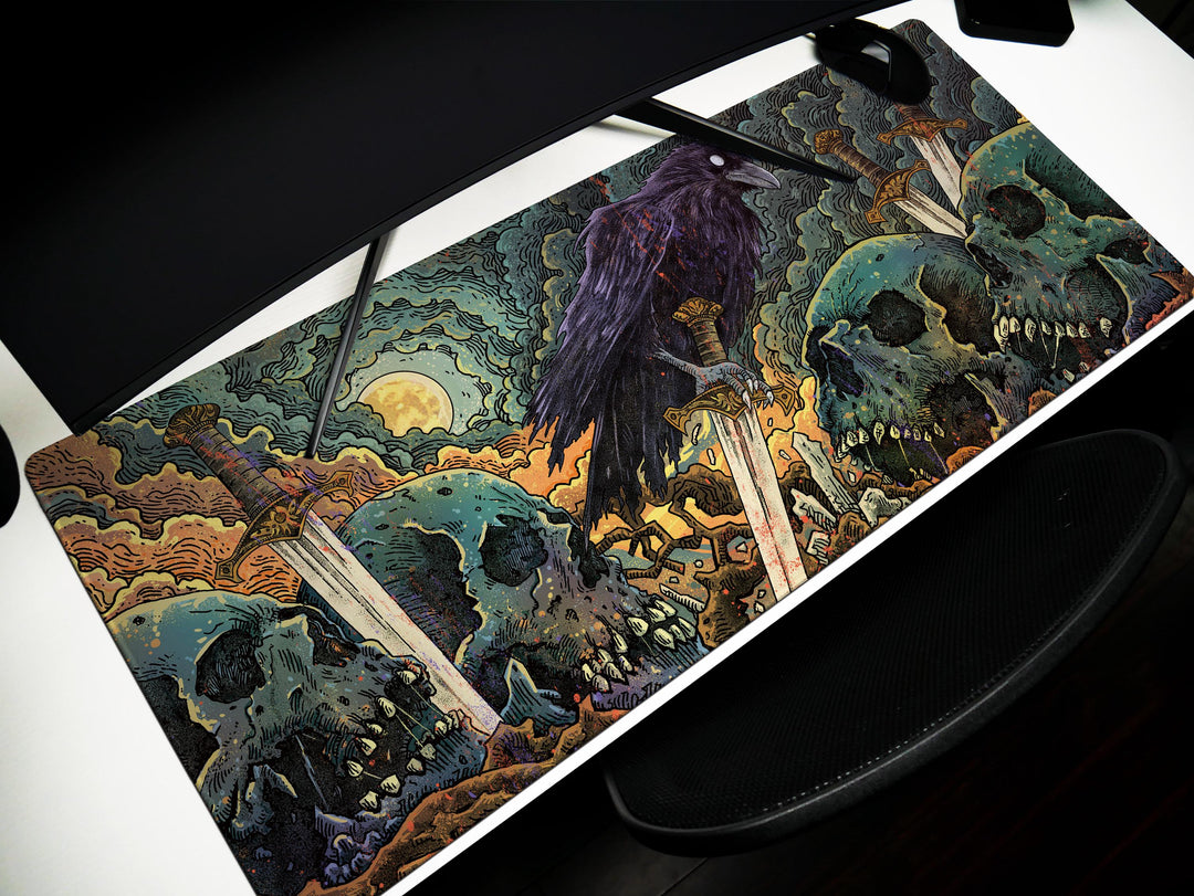 Raven's Dominion, Desk Pad, Mouse Pad, Desk Mat, Haunting Art, Swords and Skulls, Mystical Moonlight, Dark Fantasy Decor