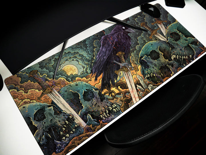 Raven's Dominion, Desk Pad, Mouse Pad, Desk Mat, Haunting Art, Swords and Skulls, Mystical Moonlight, Dark Fantasy Decor