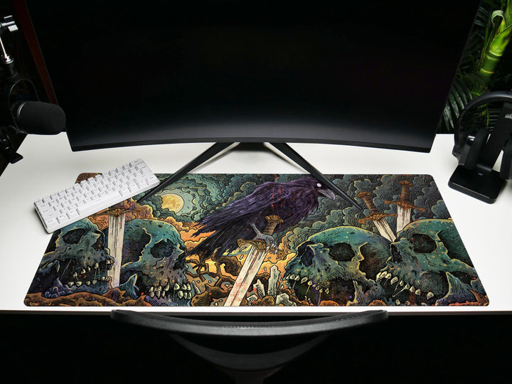 Raven's Dominion, Desk Pad, Mouse Pad, Desk Mat, Haunting Art, Swords and Skulls, Mystical Moonlight, Dark Fantasy Decor