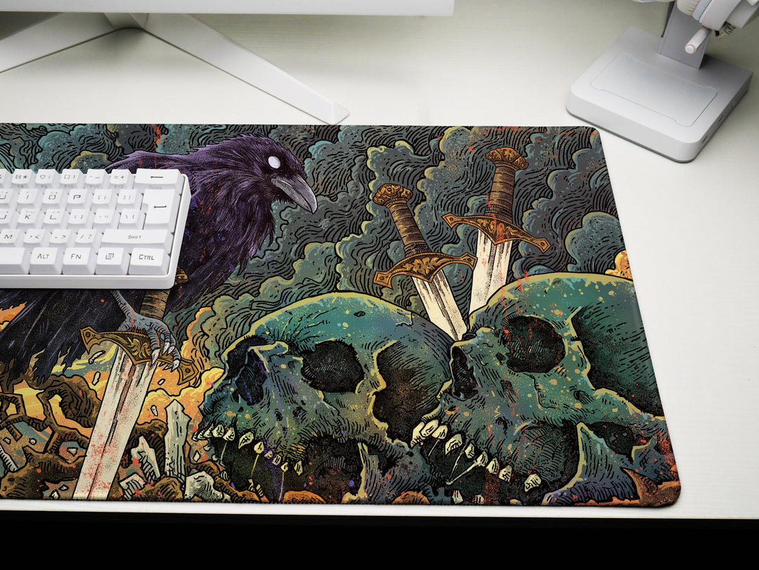 Raven's Dominion, Desk Pad, Mouse Pad, Desk Mat, Haunting Art, Swords and Skulls, Mystical Moonlight, Dark Fantasy Decor