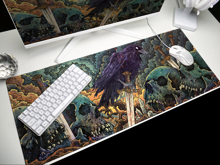 Raven's Dominion, Desk Pad, Mouse Pad, Desk Mat, Haunting Art, Swords and Skulls, Mystical Moonlight, Dark Fantasy Decor