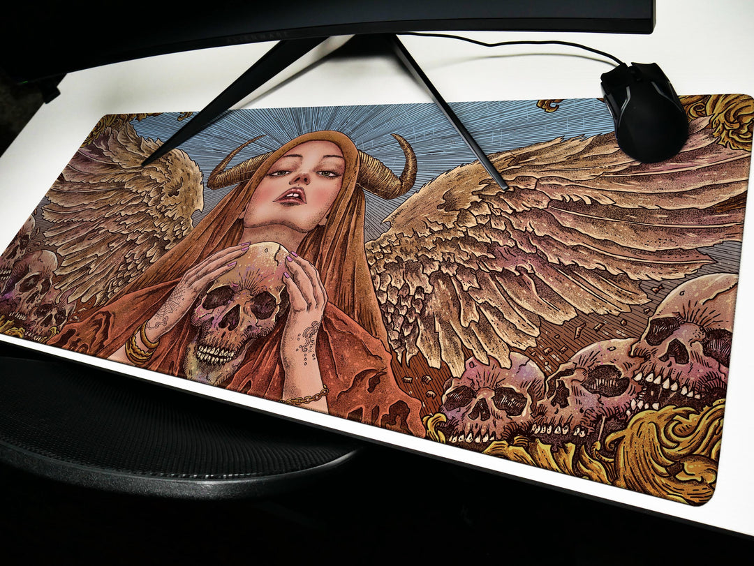Celestial Empress, Desk Pad, Mouse Pad, Desk Mat, Divine Wings, Horned Goddess, Golden Skulls, Ethereal Power, Mystical Design