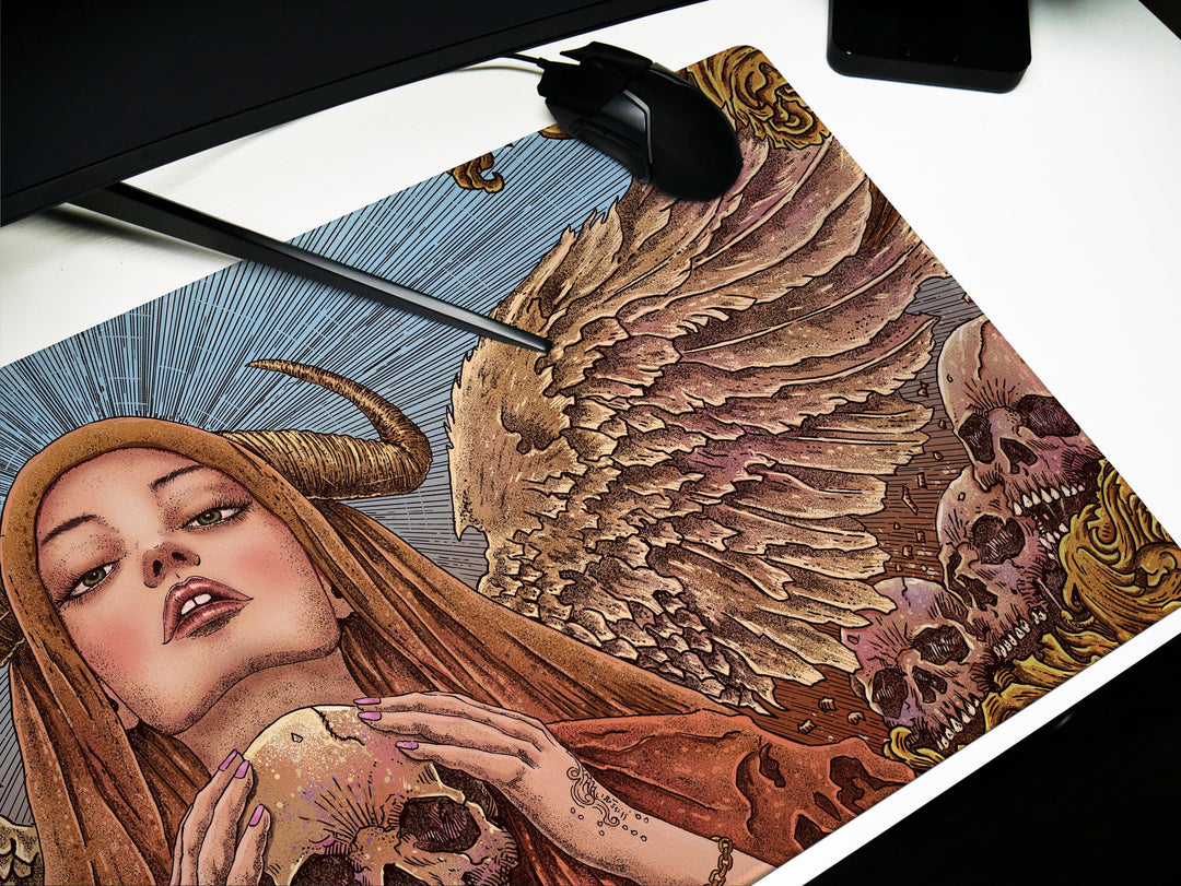 Celestial Empress, Desk Pad, Mouse Pad, Desk Mat, Divine Wings, Horned Goddess, Golden Skulls, Ethereal Power, Mystical Design