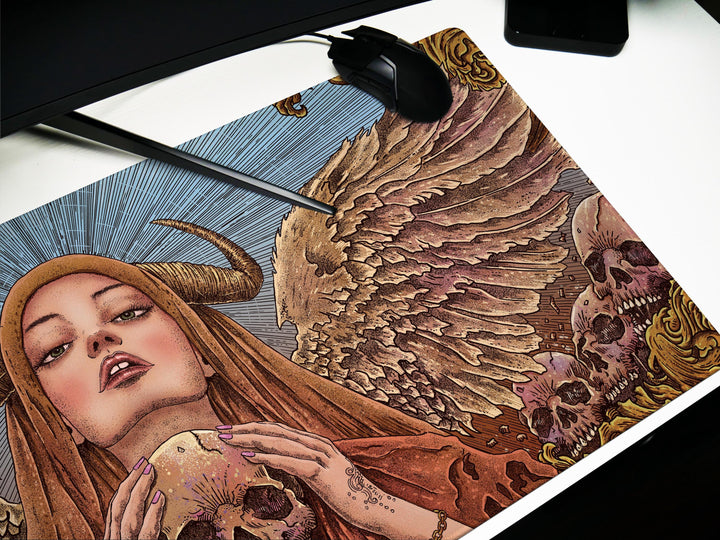 Celestial Empress, Desk Pad, Mouse Pad, Desk Mat, Divine Wings, Horned Goddess, Golden Skulls, Ethereal Power, Mystical Design