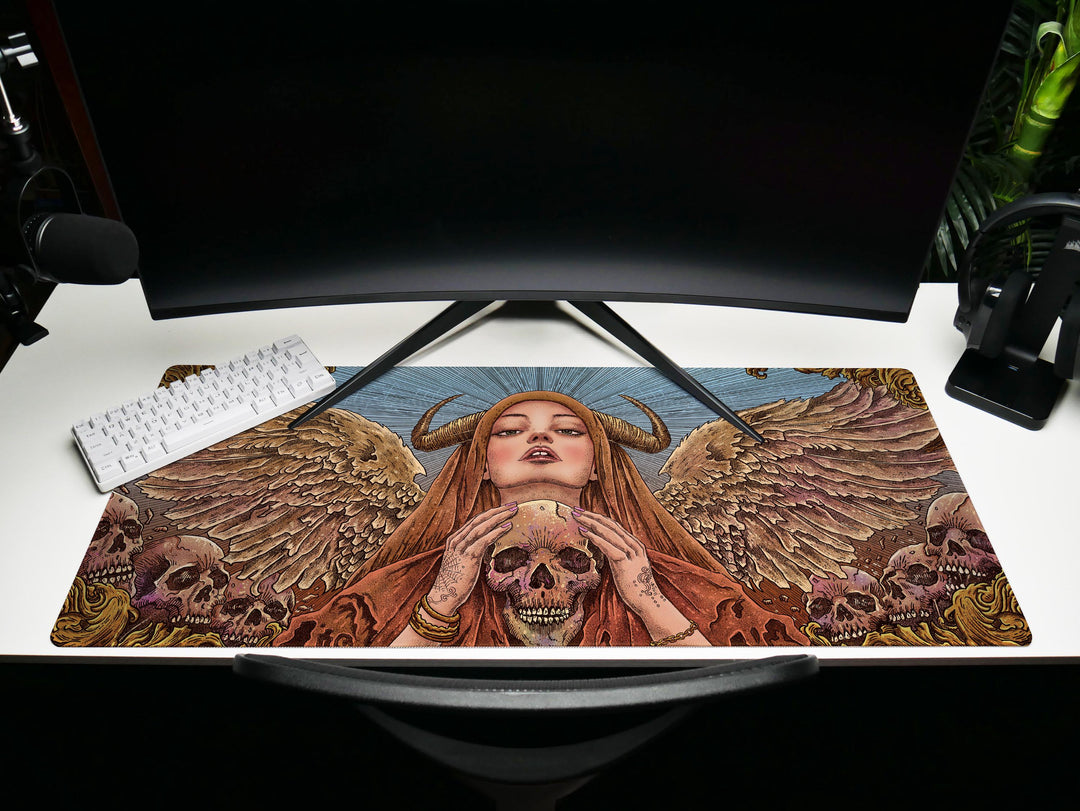 Celestial Empress, Desk Pad, Mouse Pad, Desk Mat, Divine Wings, Horned Goddess, Golden Skulls, Ethereal Power, Mystical Design