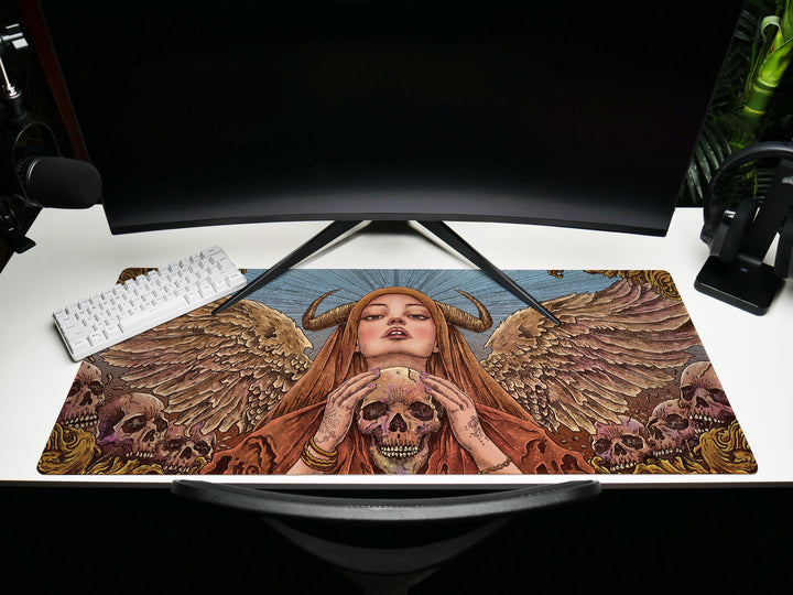 Celestial Empress, Desk Pad, Mouse Pad, Desk Mat, Divine Wings, Horned Goddess, Golden Skulls, Ethereal Power, Mystical Design