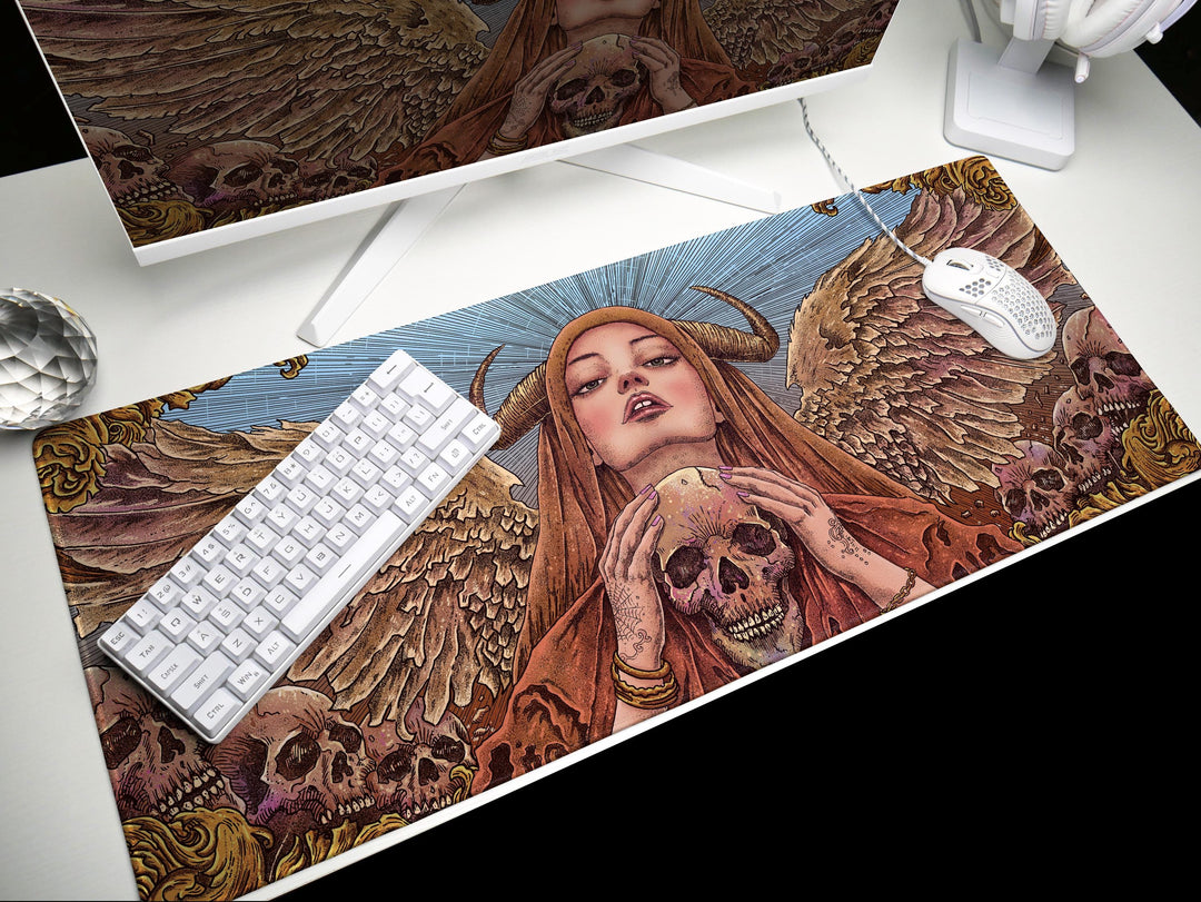 Celestial Empress, Desk Pad, Mouse Pad, Desk Mat, Divine Wings, Horned Goddess, Golden Skulls, Ethereal Power, Mystical Design