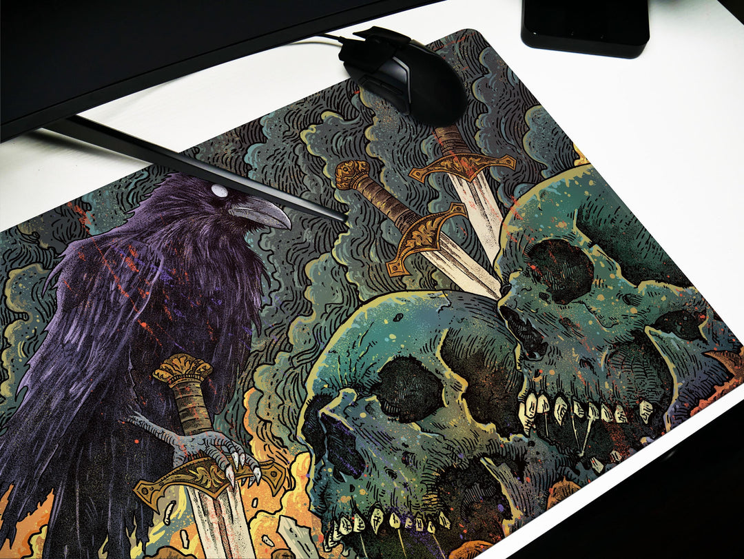 Raven's Dominion, Desk Pad, Mouse Pad, Desk Mat, Haunting Art, Swords and Skulls, Mystical Moonlight, Dark Fantasy Decor