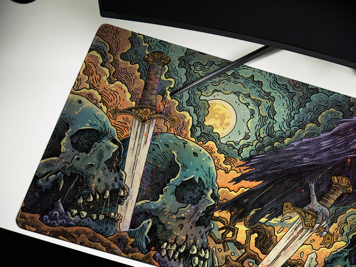 Raven's Dominion, Desk Pad, Mouse Pad, Desk Mat, Haunting Art, Swords and Skulls, Mystical Moonlight, Dark Fantasy Decor