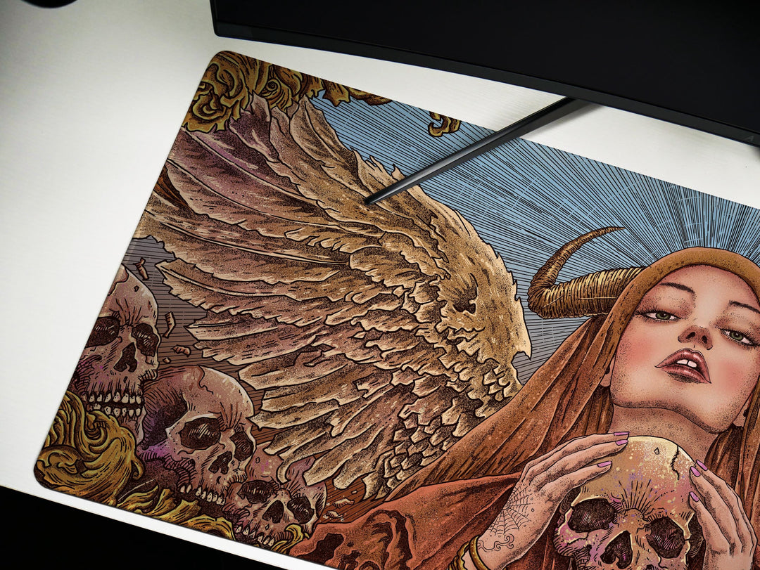 Celestial Empress, Desk Pad, Mouse Pad, Desk Mat, Divine Wings, Horned Goddess, Golden Skulls, Ethereal Power, Mystical Design