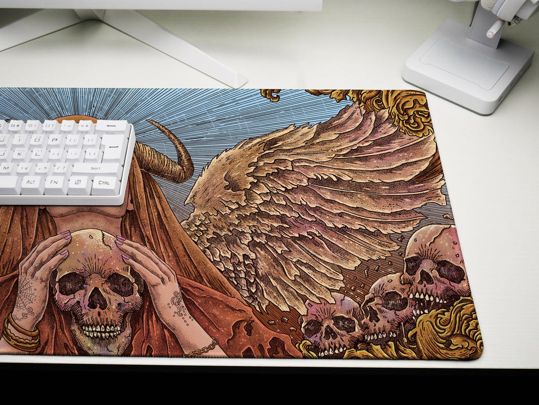 Celestial Empress, Desk Pad, Mouse Pad, Desk Mat, Divine Wings, Horned Goddess, Golden Skulls, Ethereal Power, Mystical Design
