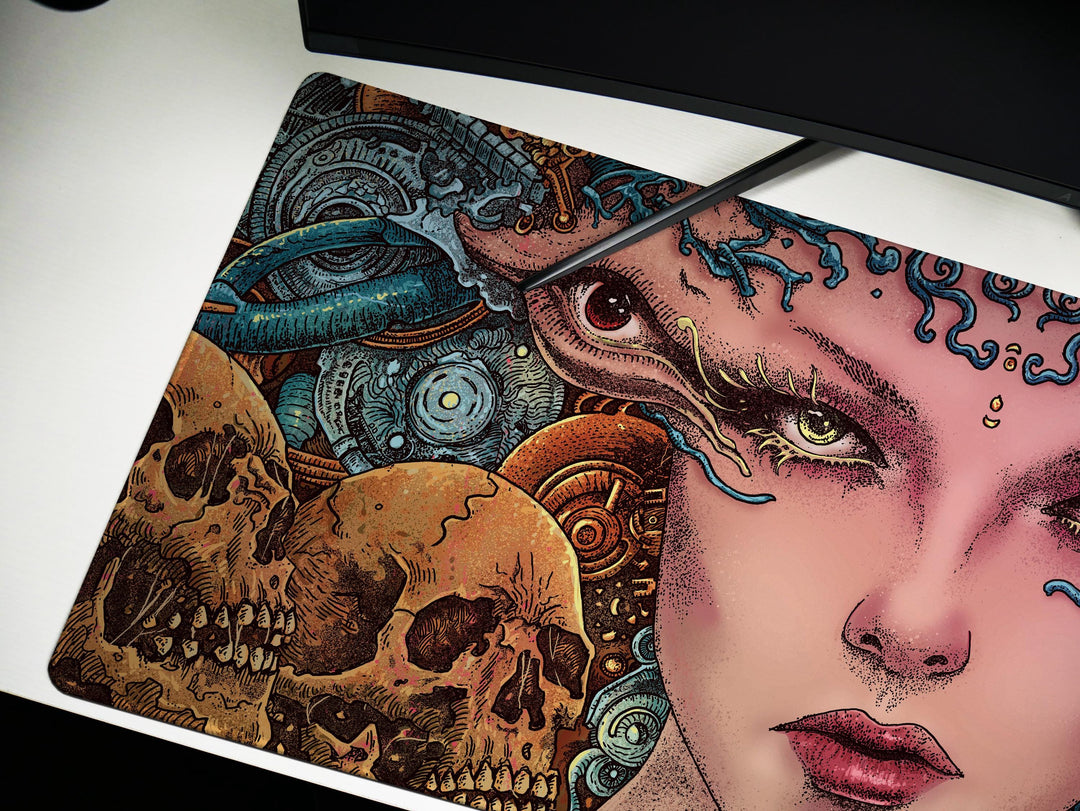 Ethereal Cyber Queen, Desk Pad, Mouse Pad, Desk Mat, Surreal Sci-Fi, Biomechanical Art, Futuristic Fantasy, Dark Aesthetic